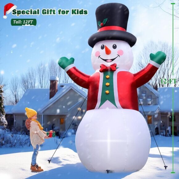 ⚡12FT Christmas Inflatable Snow Man Wear Magic Hat & Red Suit Outdoor Decoration - Picture 2 of 6